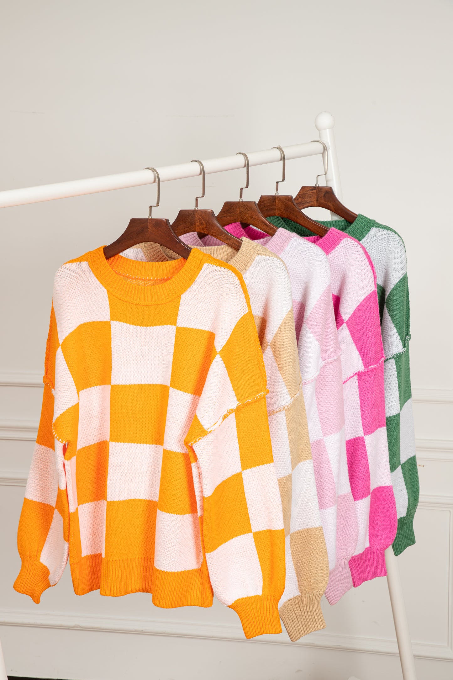 Dark Brown Checkered Bishop Sleeve Sweater