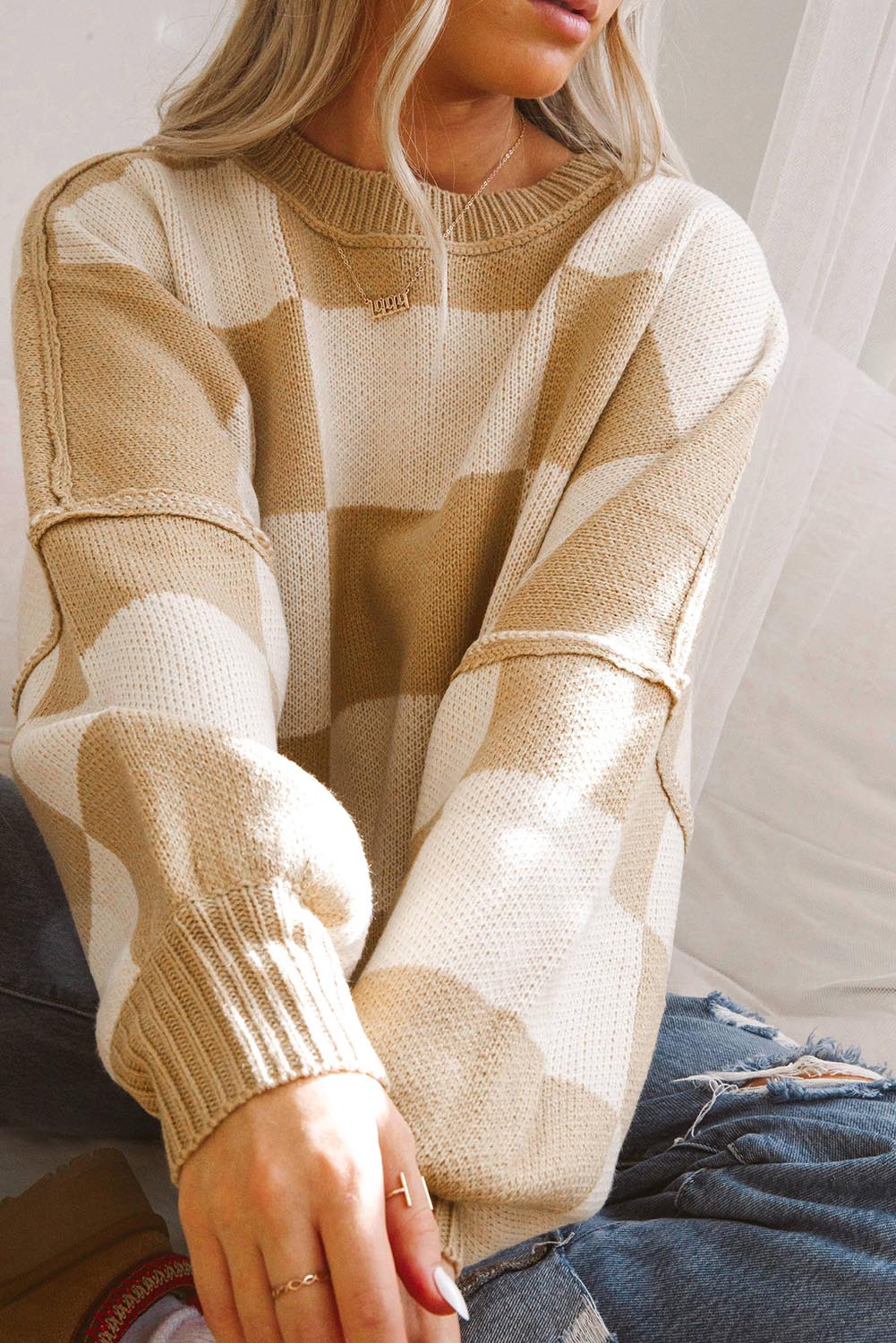 Dark Brown Checkered Bishop Sleeve Sweater
