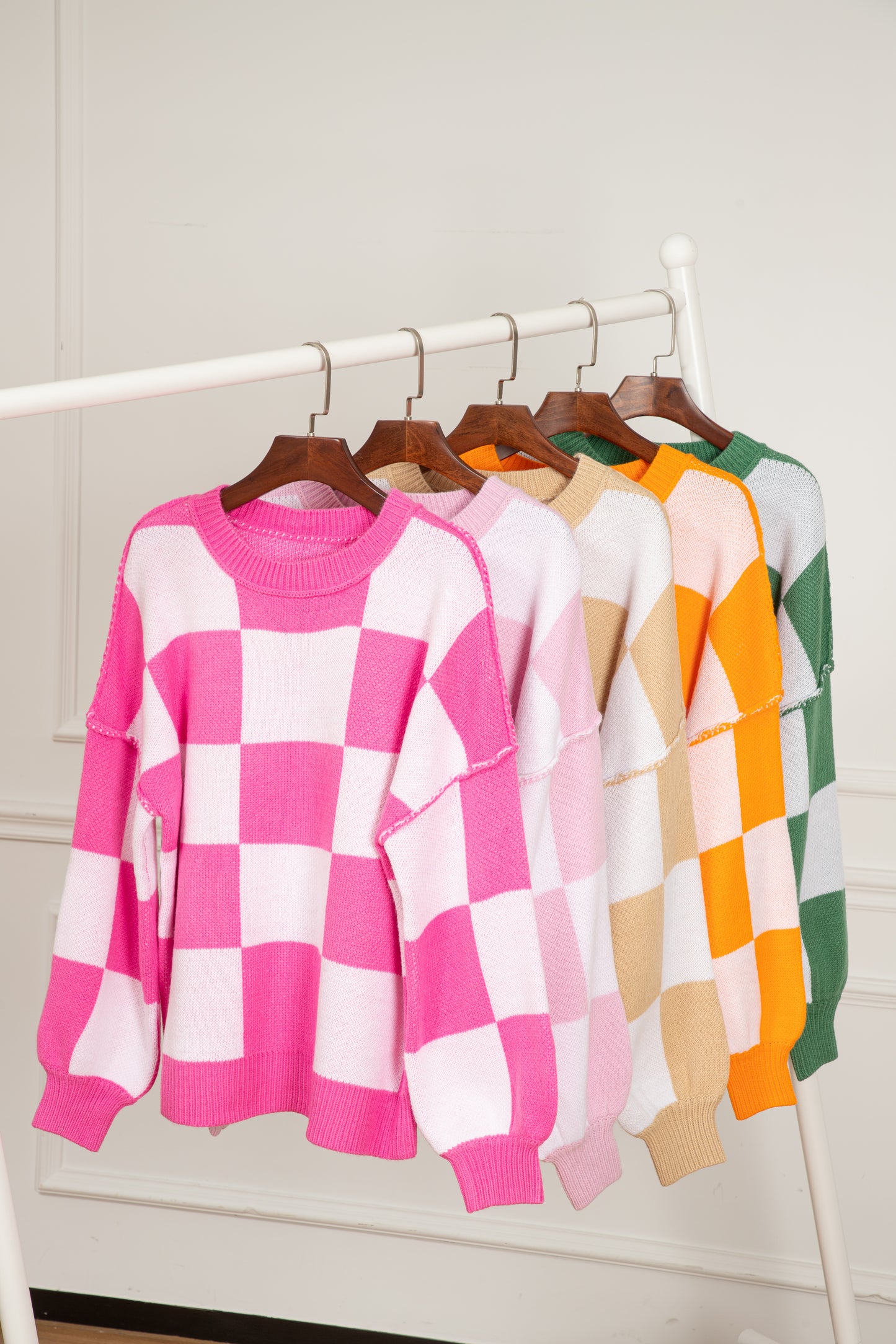 Dark Brown Checkered Bishop Sleeve Sweater
