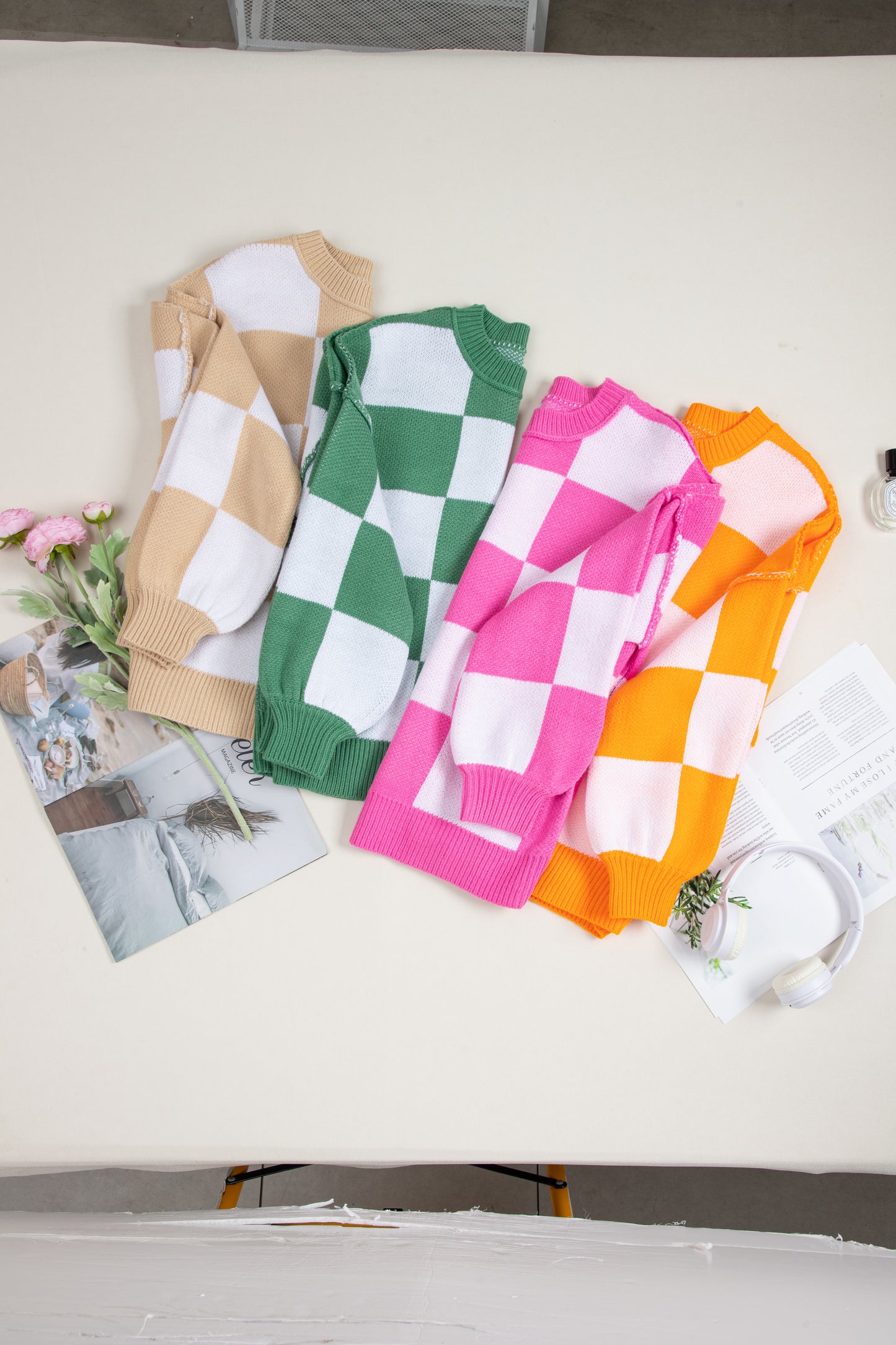 Dark Brown Checkered Bishop Sleeve Sweater